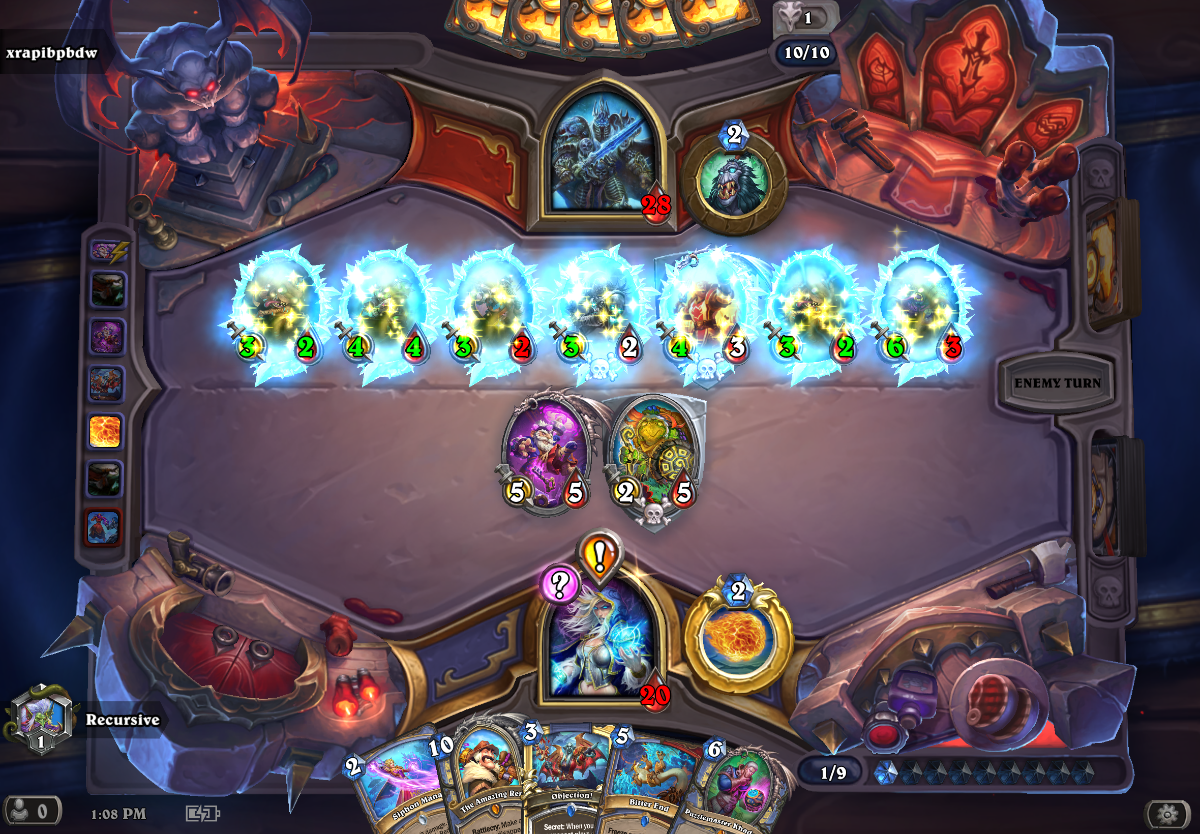 Hearthstone, Wild Deck, Lucky Mage v1.5, Frozen Player 6x In A Row, Frost Nova Dupes, Reno Clear. Jailhouse ManaStorm Will Spam Minions After.